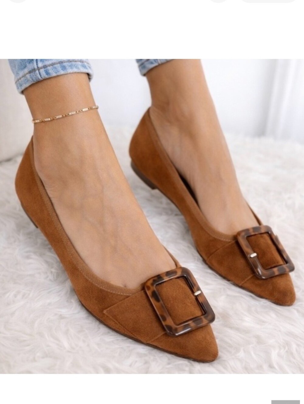 Avellini Italy Camel Suede Pointed Toe Flats Tortoise Shell Buckle US 9.5 EU 40